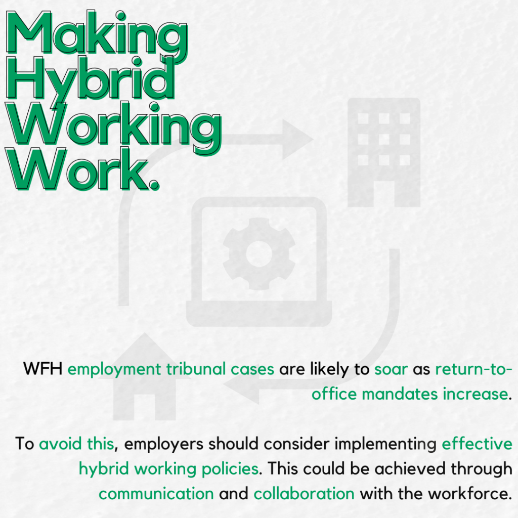Making Hybrid Working Work. 
WFH employment tribunal cases are likely to soar as return-to-office mandates increase.
To avoid this, employers should consider implementing effective hybrid working policies. This could be achieved through communication and collaboration with the workforce.